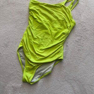 Hollipick L Women's Neon Green One Piece Swimsuit Ruched Asymmetrical